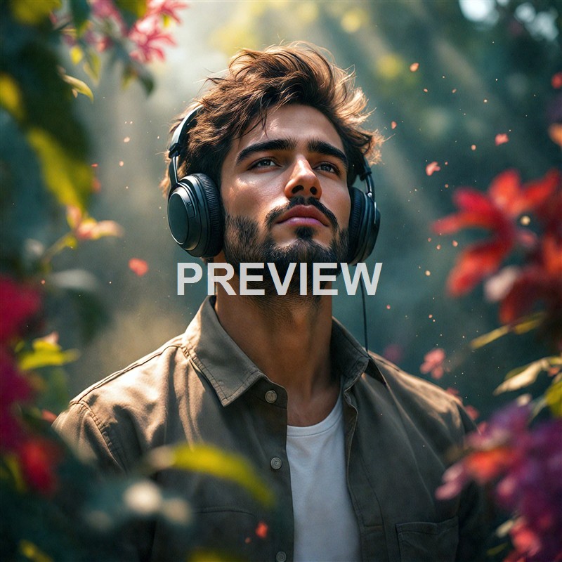 A young man with dark hair and a beard is wearing large black headphones, standing outdoors among colorful foliage with sunlight filtering through the trees, and he has a calm, contemplative expression.